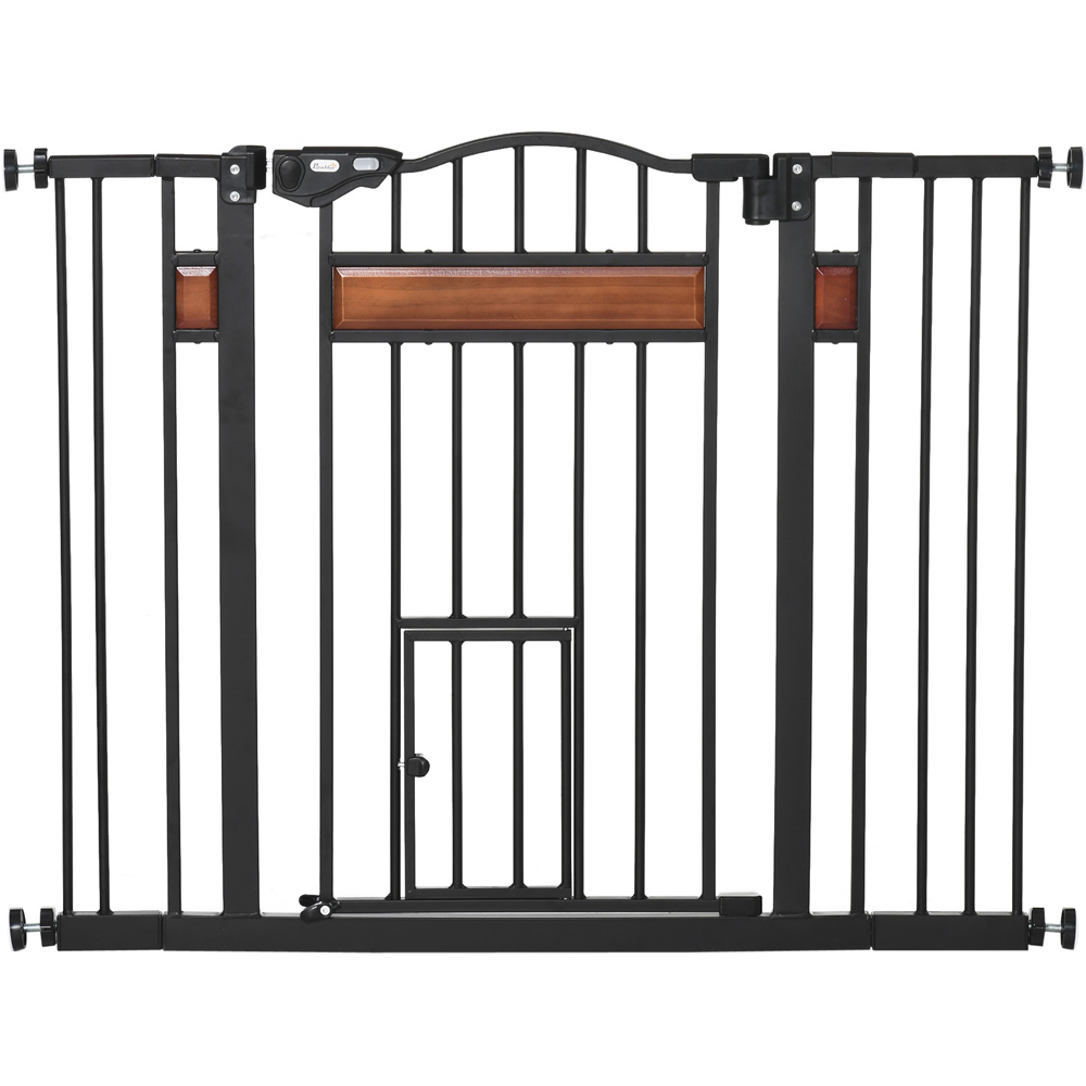 PawHut Black 74-105cm Pine and Metal Pet Safety Gate with Cat Door Image 1