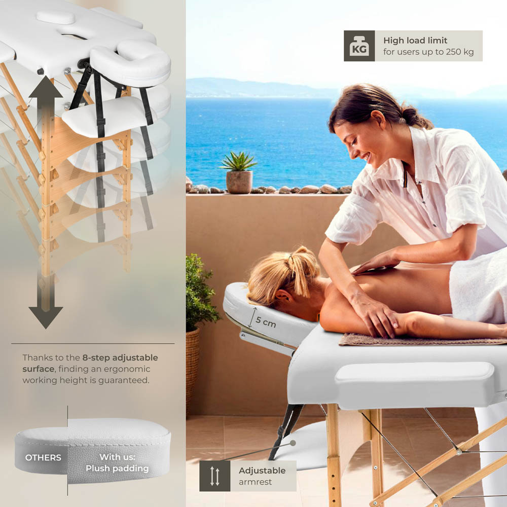 Massage Table Freddi - 2-zone bed, foldable, with carry bag, head and armrests - White Image 8