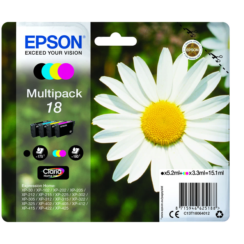 Epson 18 Ink Cartridge Multipack  - wilko Choose a genuine Epson Ink Cartridge for outstanding print output from your Epson printer. This cartridge multipack is packed with high quality Epson Claria Home ink for even more vibrant photos, giving you superb results across anything from business documents to school reports, posters to photo prints. Because it's an official Epson cartridge, it ensures trouble-free, flawless printing.  Compatible with Expression Home: XP-30 / XP-102 / XP-202 / XP-205 / XP-212 / XP-215 / XP-302 / XP-305 / XP-312 / XP- 315 / XP-402 / XP-405 / XP-412 / XP-415