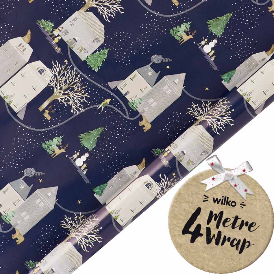 Wilko 4m Blue Midwinter House Christmas Wrapping Paper Image 1