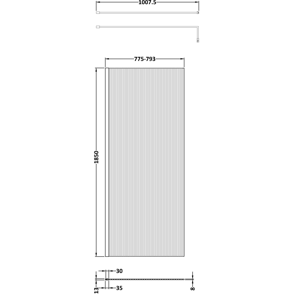 nuie Brushed Brass Fluted Wetroom Screen with Support Bar 1850 x 800mm Image 2