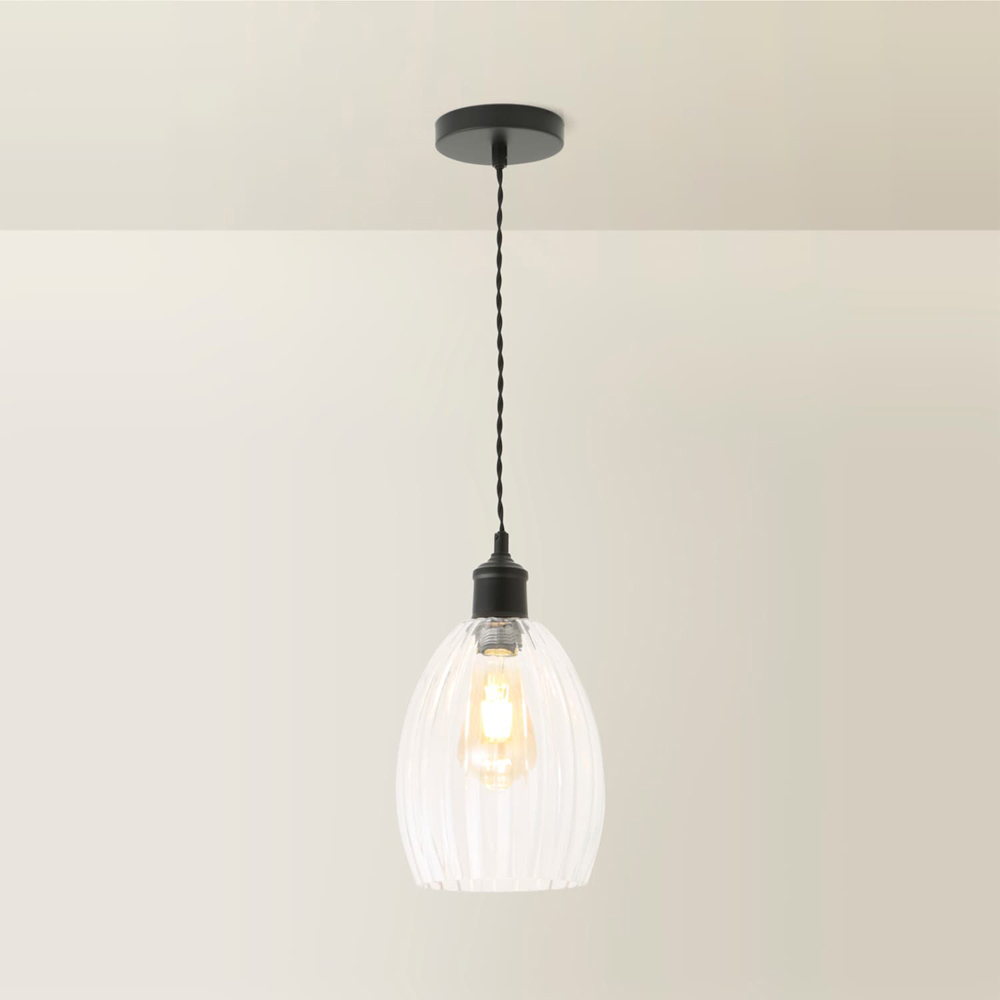 ValueLights Cheltenham Ribbed Shade Matte Black Ceiling Pendant Light with Bulb Image 5