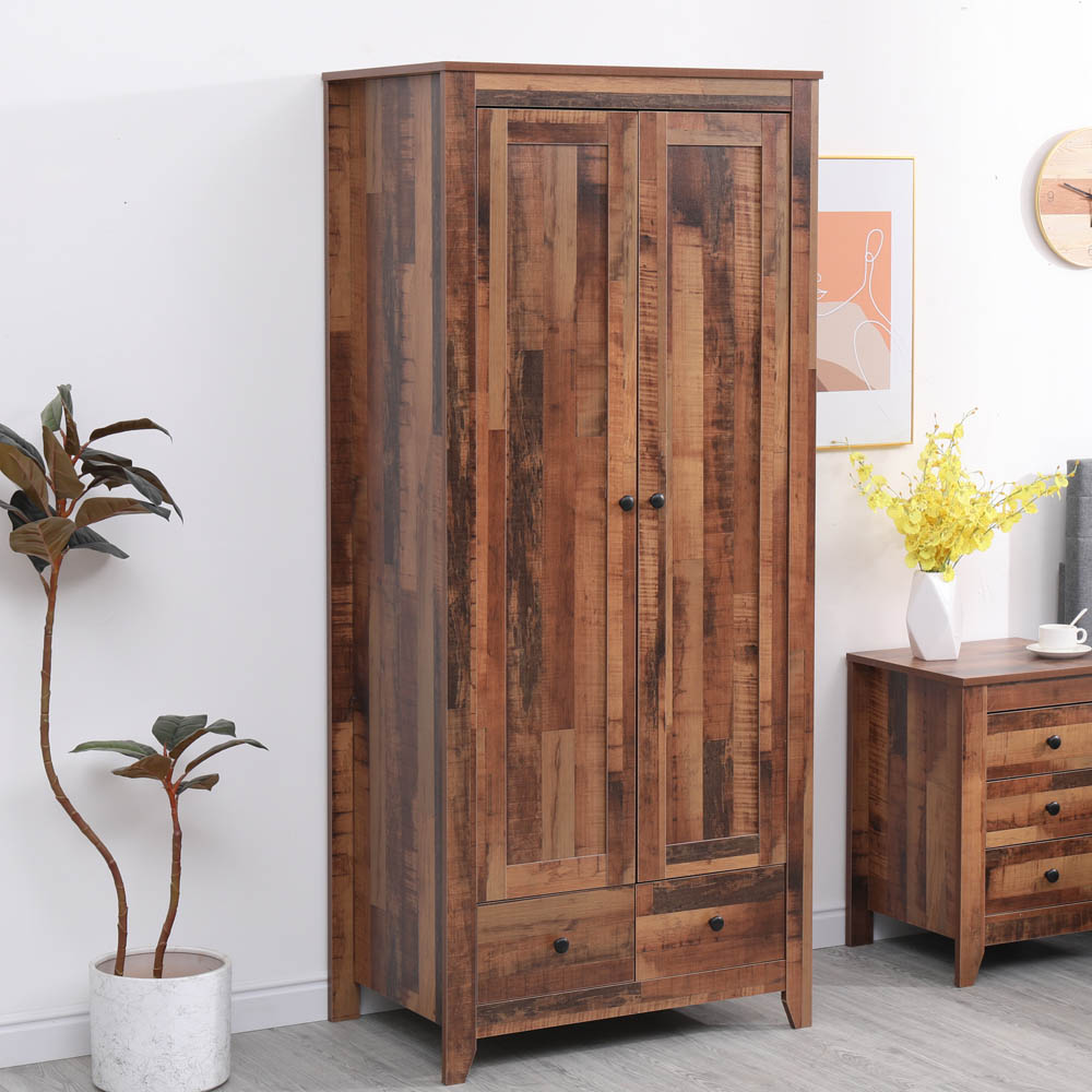 FurnitureHMD 2 Door 2 Drawer Industrial Style Wooden Wardrobe Image 9