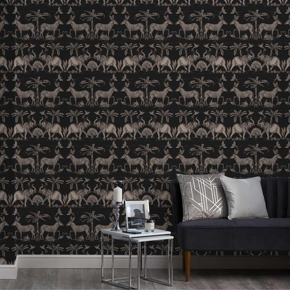 Sublime Elephants Charcoal Pale Gold Wallpaper Image 2