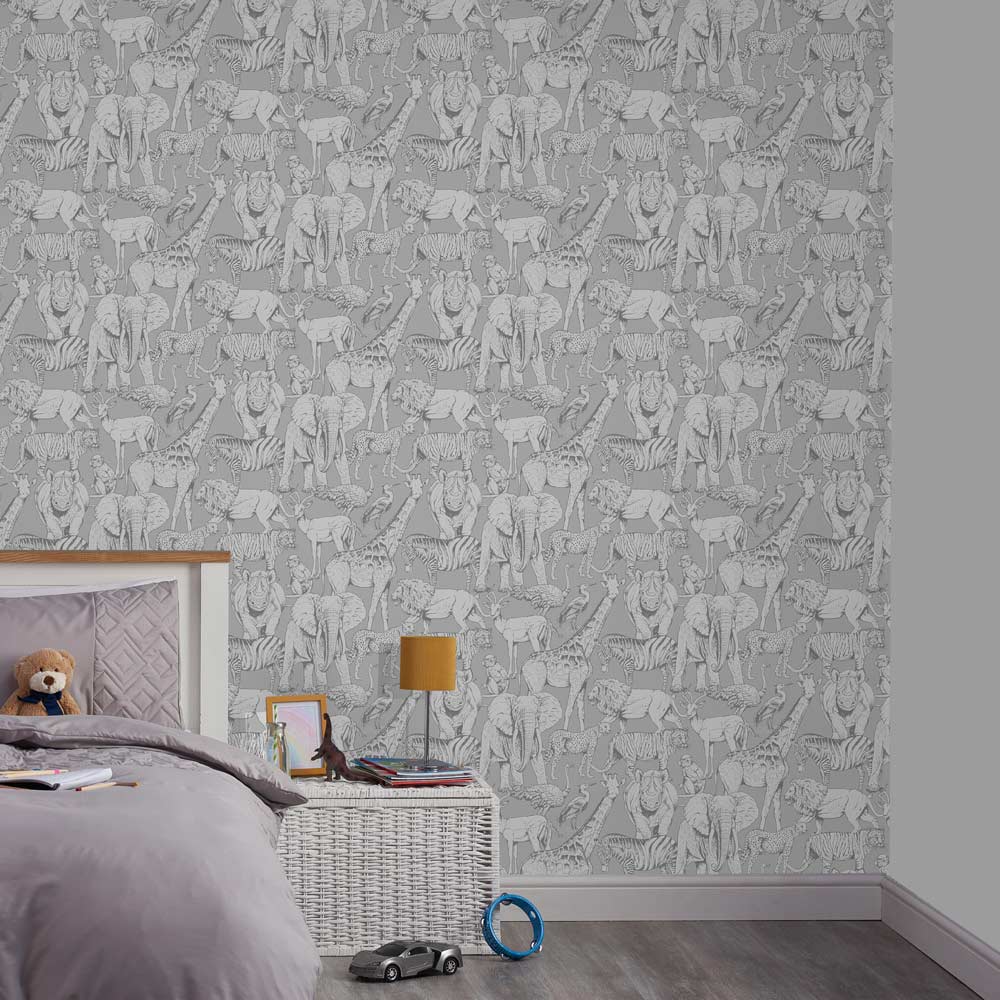 Superfresco Easy Jungle Animals Grey Wallpaper Image 3