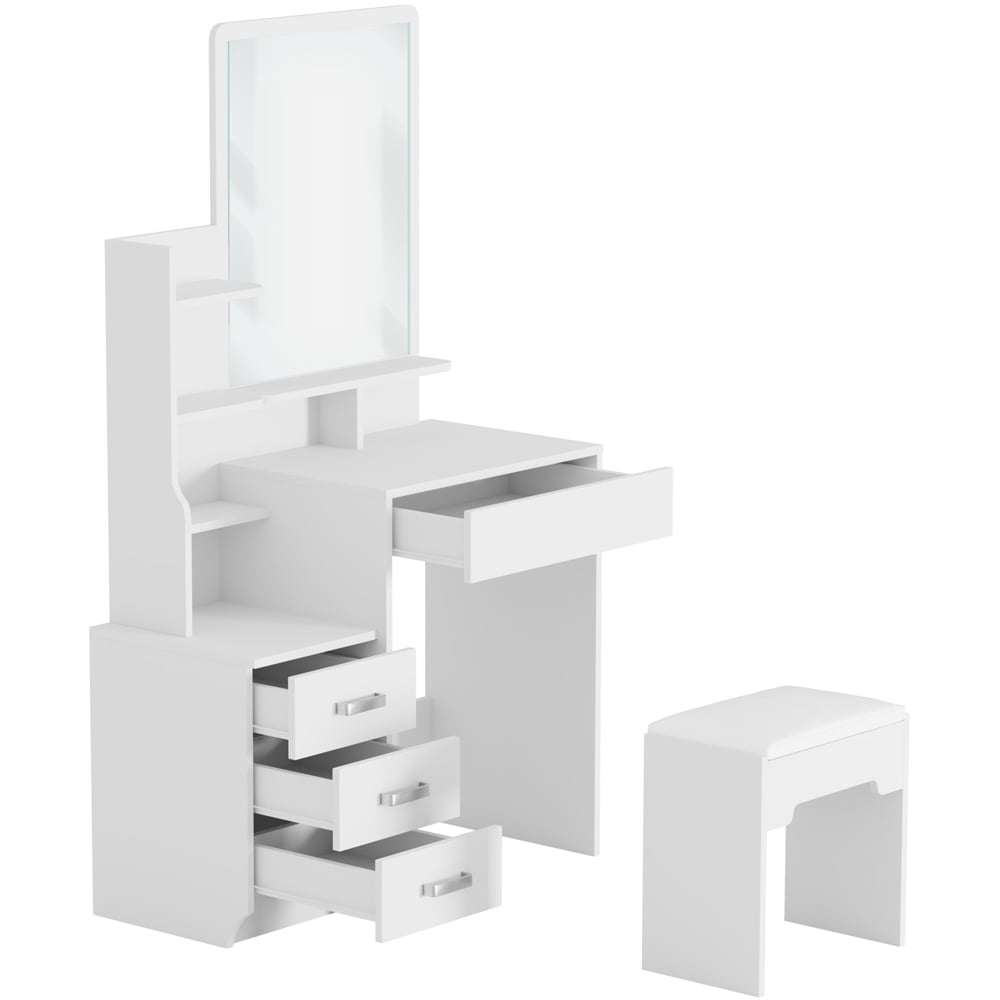 Home Source Arlo 4 Drawer 4 Shelf White Vanity Table and Cushioned Stool Set with Mirror Image 2