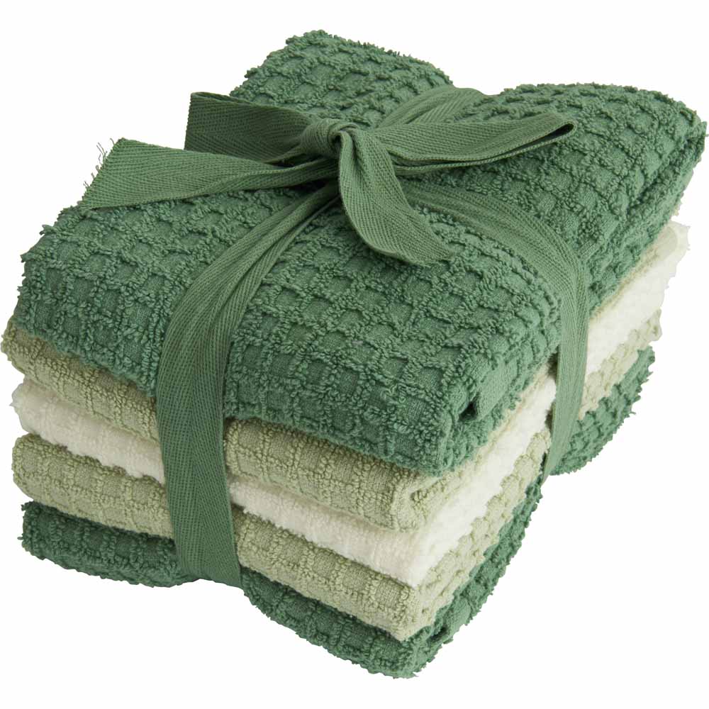 Wilko Tea Towel Green & Cream 5pk Wilko
