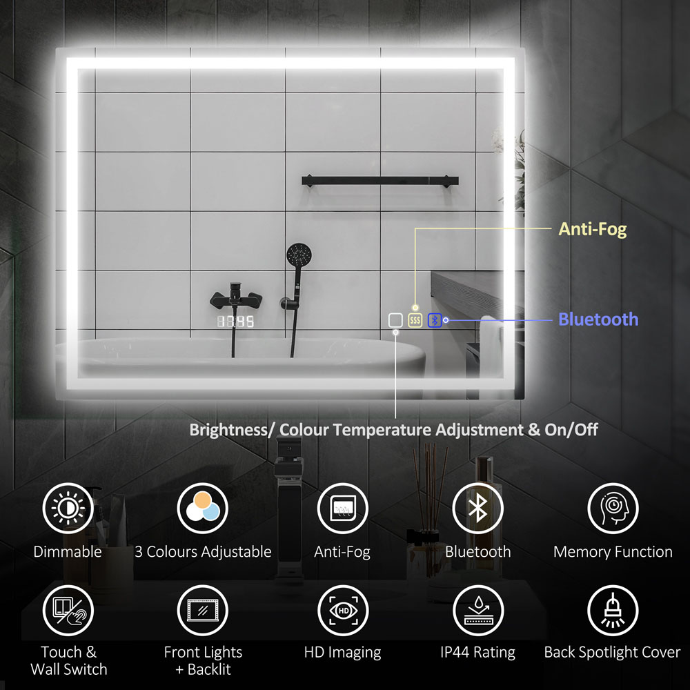 HOMCOM Bluetooth Clock Frameless LED Bathroom Mirror with Demister Pad 60 x 80cm Image 4