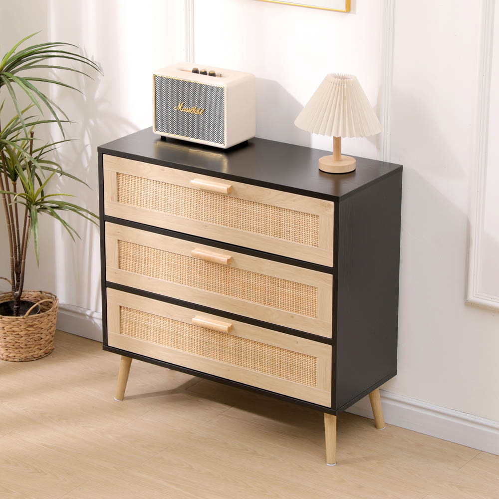 FurnitureHMD 3 Drawer Black and Natural Rattan Woven Front Wooden Chest of Drawers Image 8