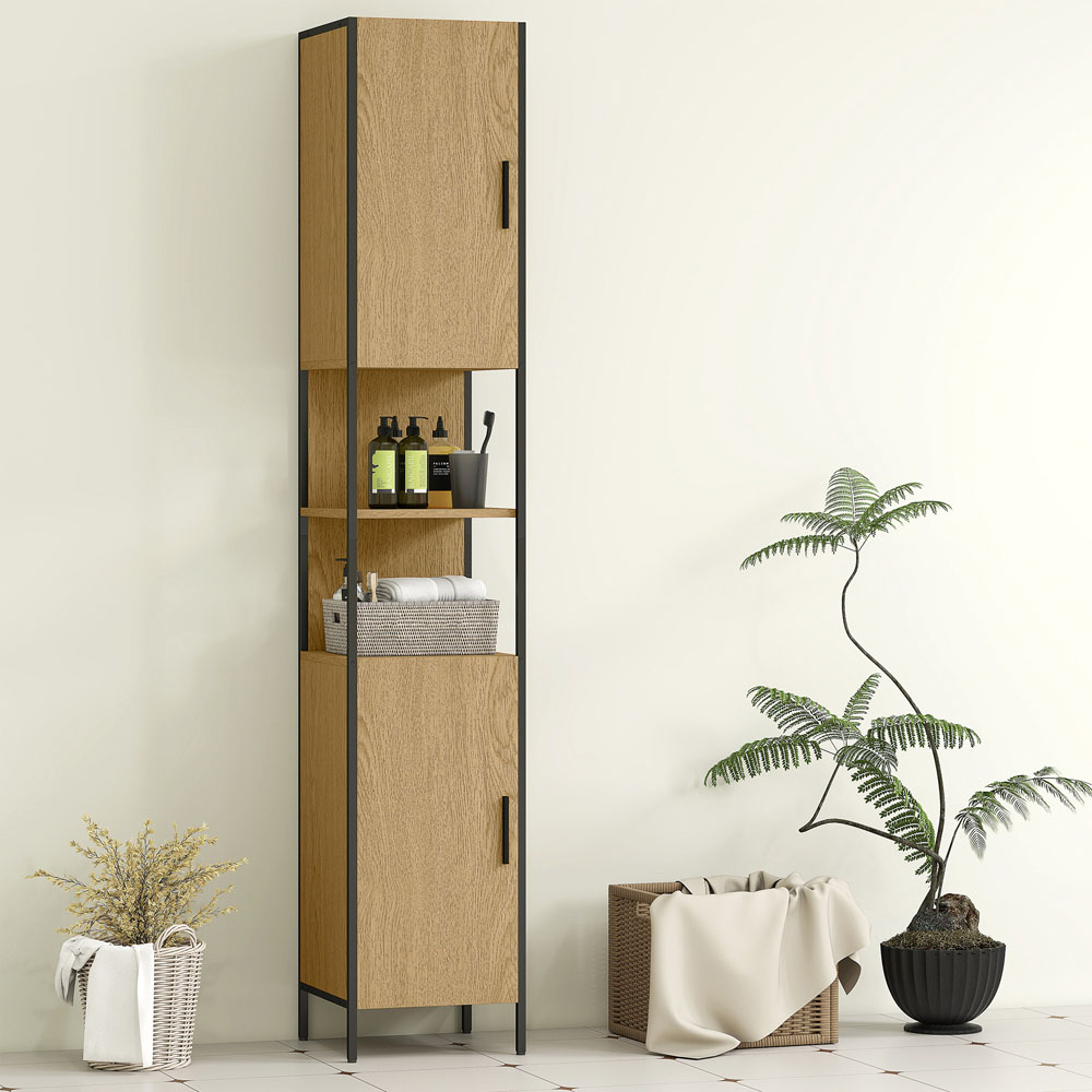 HOMCOM 2 Door 2 Shelf Natural Slim Bathroom Storage Cabinet Image 7