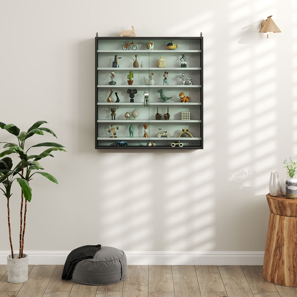 HOMCOM 7-Tier Glass Doors Black and White Wall Display Cabinet Image 3