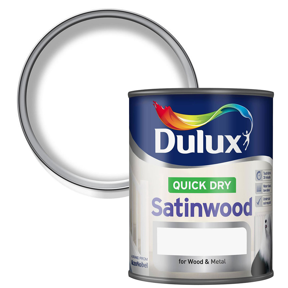 Dulux Quick Dry Satinwood Wood and Metal Pure Brilliant White Paint 750ml Image 1