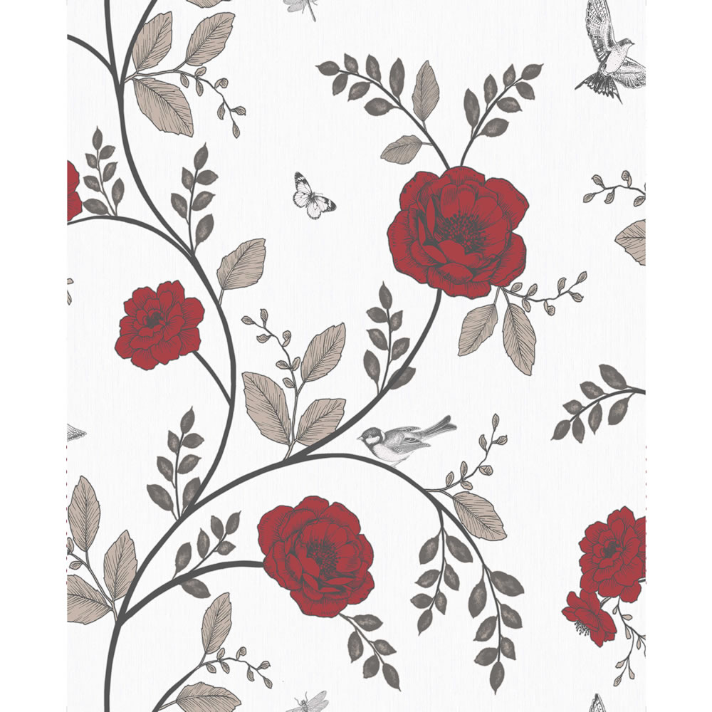Wilko Rosanna Floral Red Wallpaper A beautiful, classically simple organic floral trail wallpaper that adds bold, vibrant red colour to your living space. Design  Match: Offset  Design  Repeat:  64cmRoll length: 10mRoll width: 52cm Coverage 5.2sqm Co-  ordinates perfectly with Wilko paint. We  love Crushed Almond  and Tinsel Town. Wilko Rosanna Floral Red Wallpaper