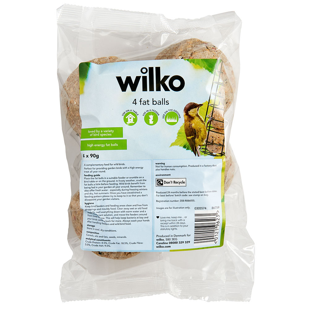 Wilko Wild Bird Fat Balls 4 x 90g Give wild birds a helping hand with these tasty fat balls from the wilko wild bird range. This pack of 4 high energy, nutritious fat balls are perfect for popping in feeders and hanging around the garden. Perfect for our Wilko Wild Bird Fat Ball Feeder available to purchase seperately. Not for human consumption. Allergen warning: Produced in a factory that also handles nuts.  Wilko Wild Bird Fat Balls 4 x 90g
