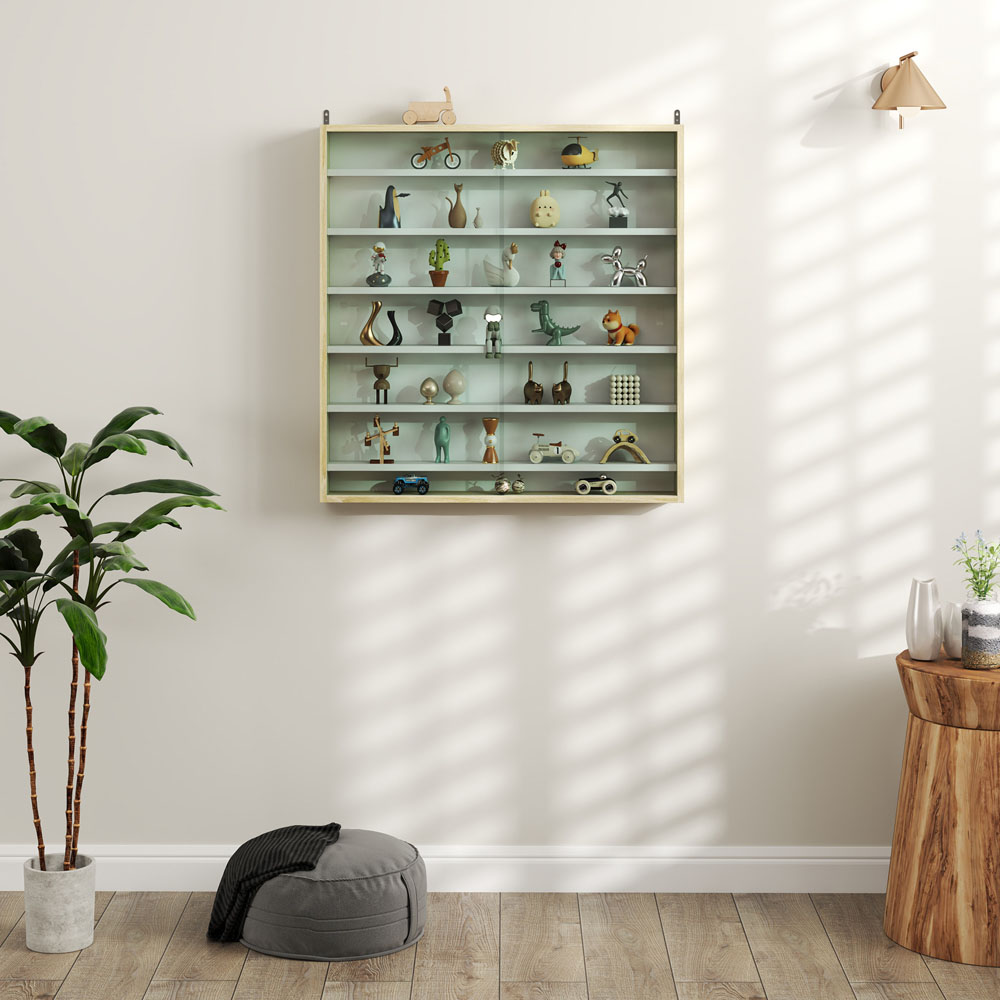 HOMCOM 7-Tier Glass Doors Oak Wall Display Cabinet Image 3