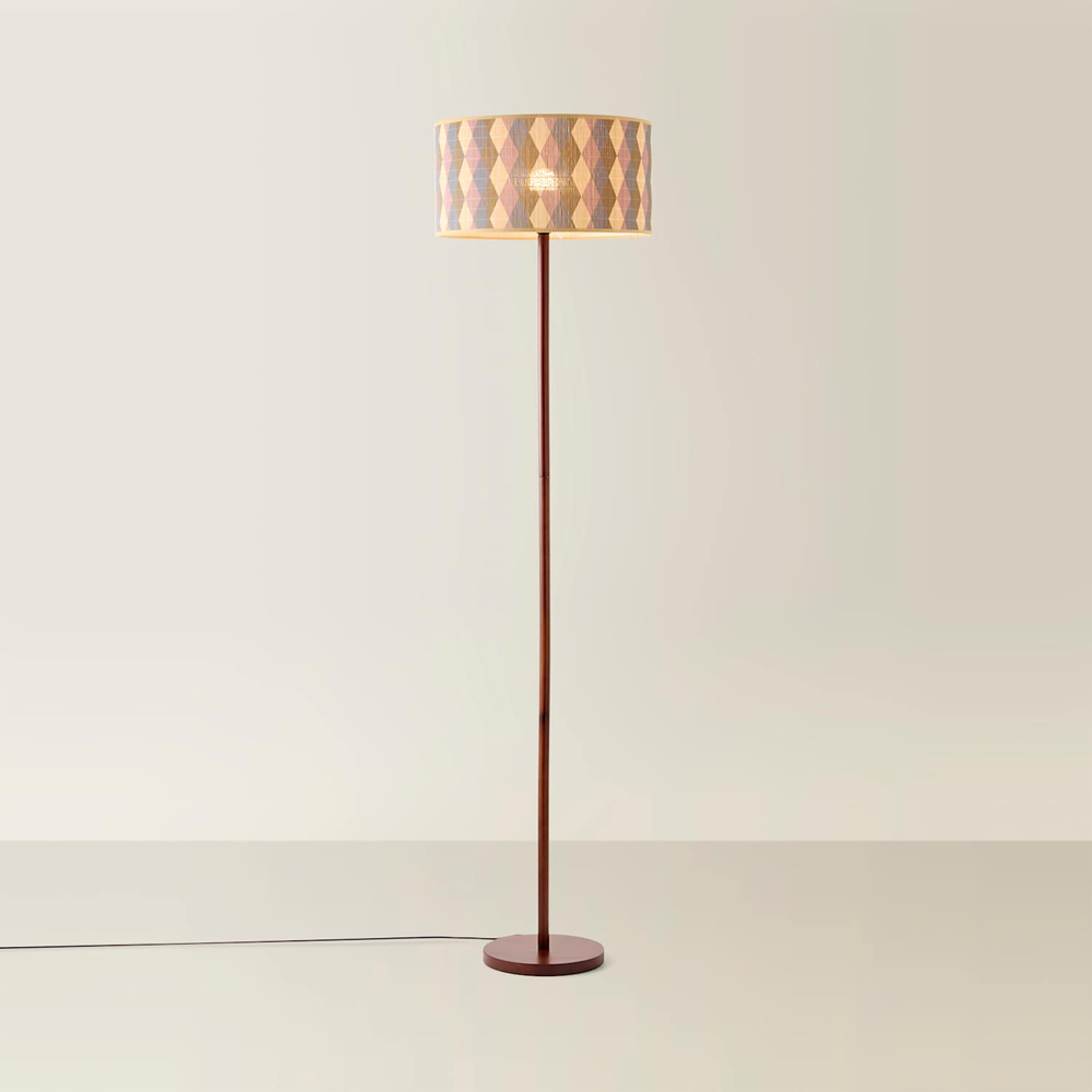 ValueLights Heather Diamond Print Bamboo Drum Shade Dark Wood Stem Floor Lamp with Bulb Image 3