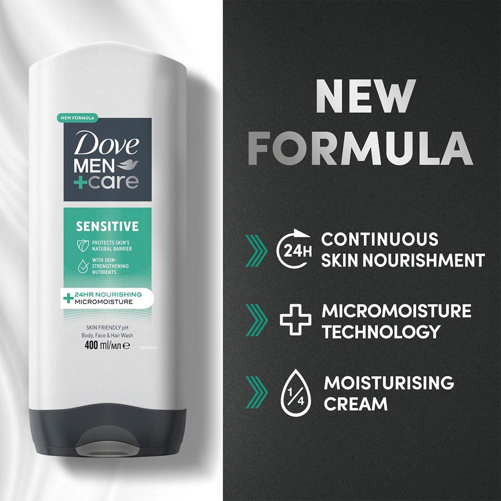 Dove Men+ Care 3-in-1 Hydrating Sensitive Body Face and Hair Wash 400ml 12 Pack Image 7