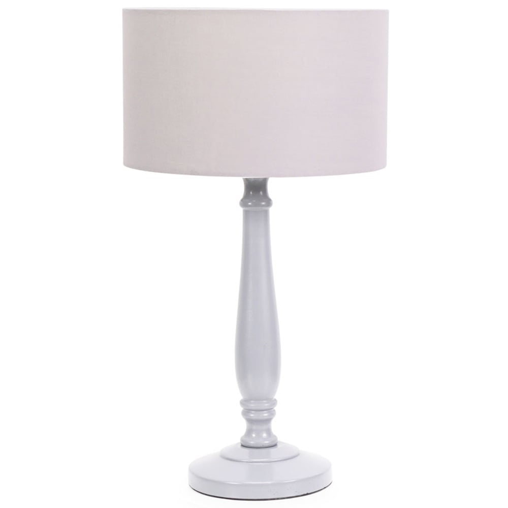 ValueLights Victoria Grey Fabric Drum Shade Grey Wood Traditional Stem LED Table Lamp Image 1