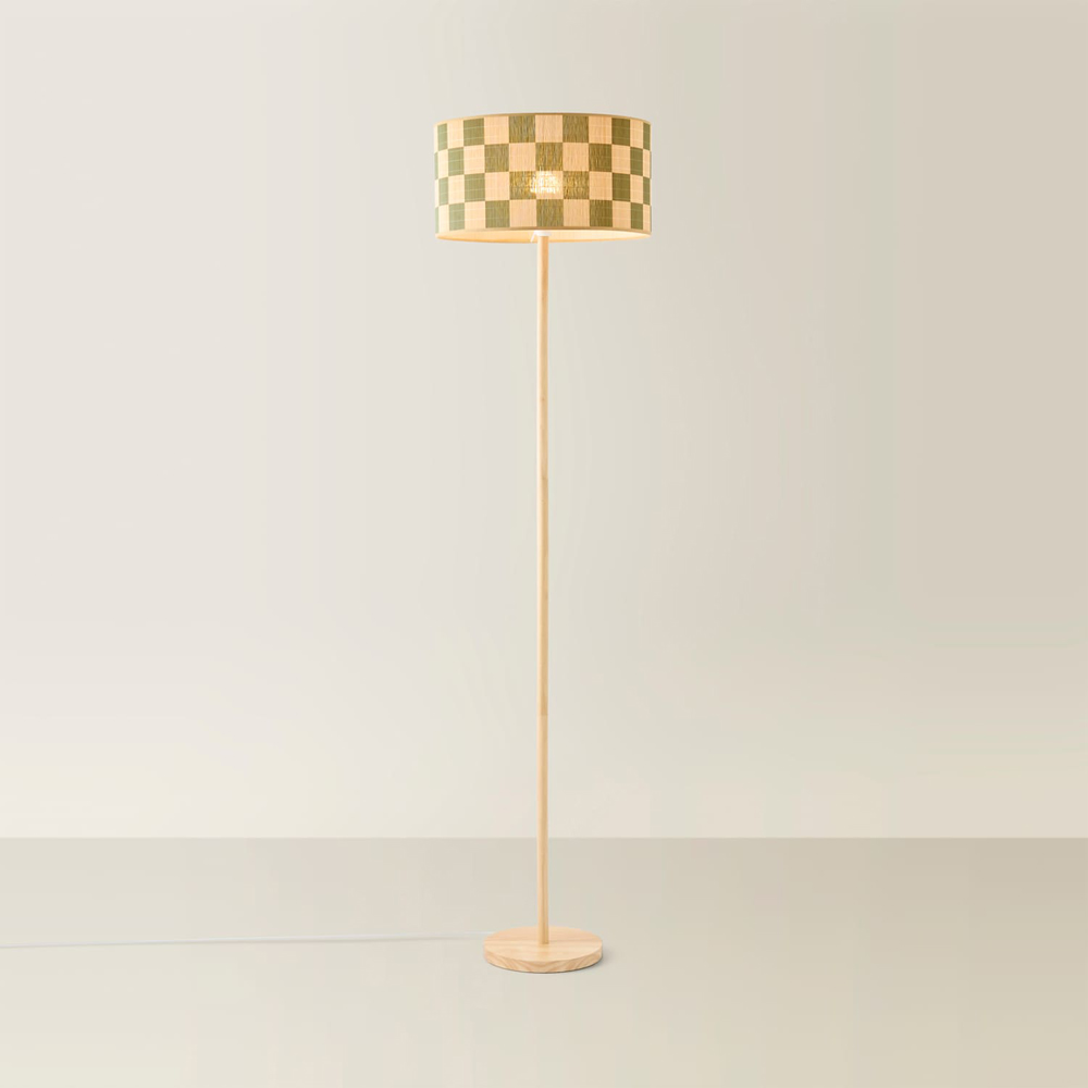 ValueLights Heather Green Check Bamboo Drum Shade Light Wood Stem Floor Lamp with Bulb Image 3