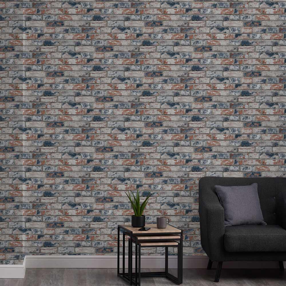 Fresco Distressed Brick Navy and Red Wallpaper Image 2
