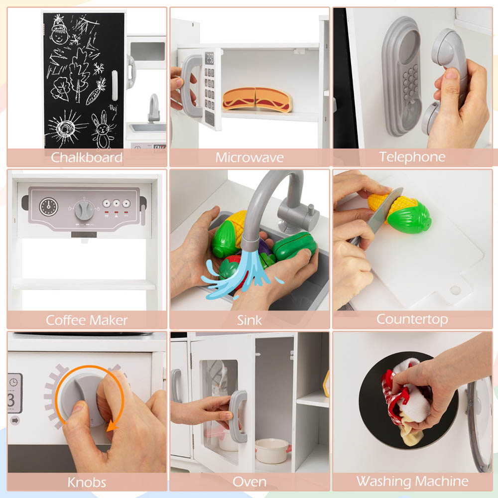 Costway Kids White Wooden Corner Kitchen Playset with Lights and Sounds Image 4