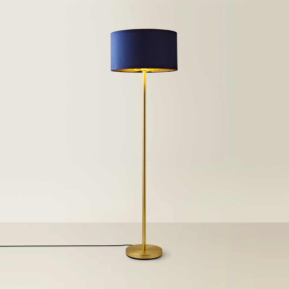 ValueLights Charlie Navy Velvet and Metallic Shade Gold Floor Lamp and Bulb Image 5