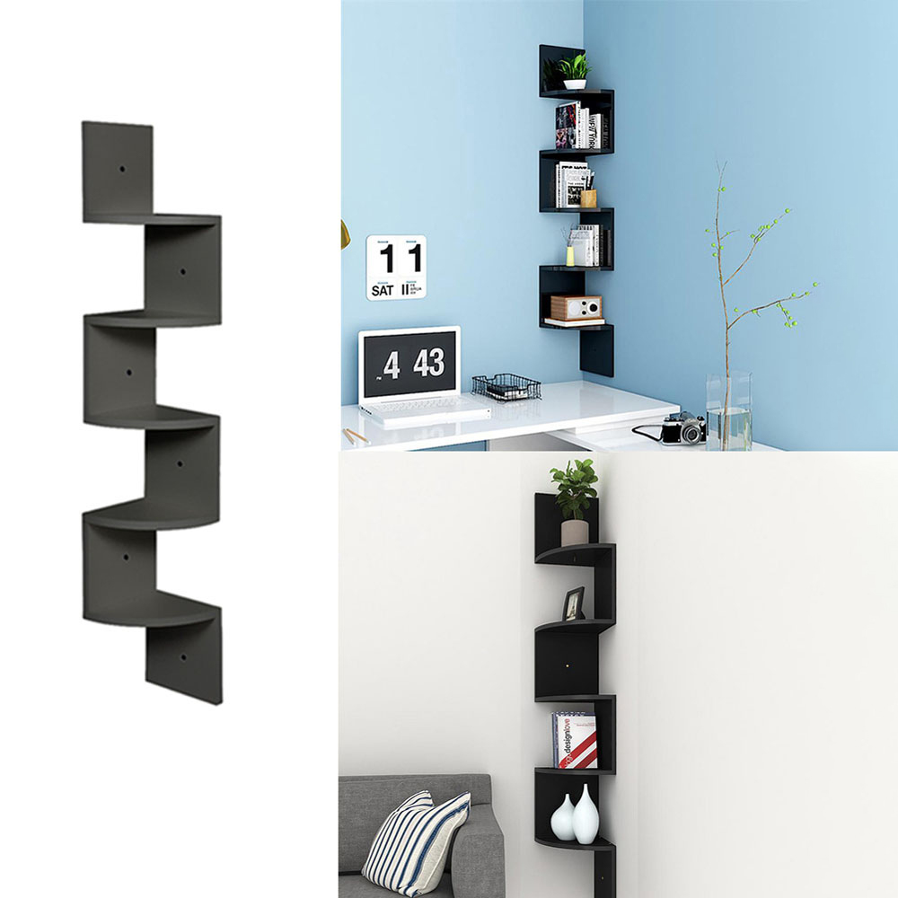 Living and Home 5 Tier Black Wooden Zigzag Floating Corner Shelves Image 4