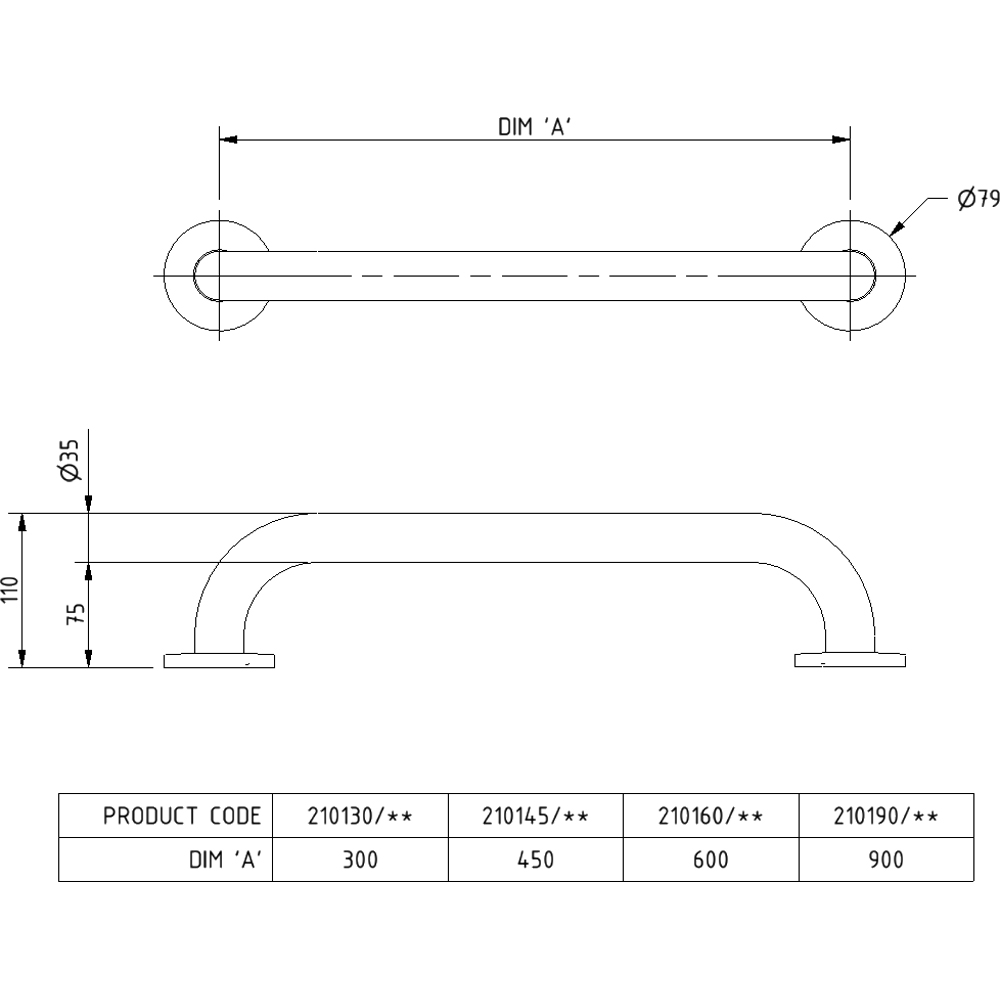 Fitzroy of London RAL 7005 Grey Stainless Steel Concealed Fixing Grab Rail 35 x 900mm Image 3