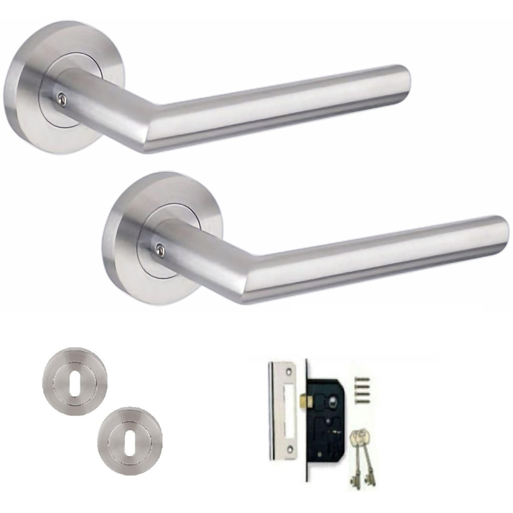 Golden Grace Mitred Satin Nickel Door Handle Pair with 3 Lever Mortise and Key Hole 64mm Image 1