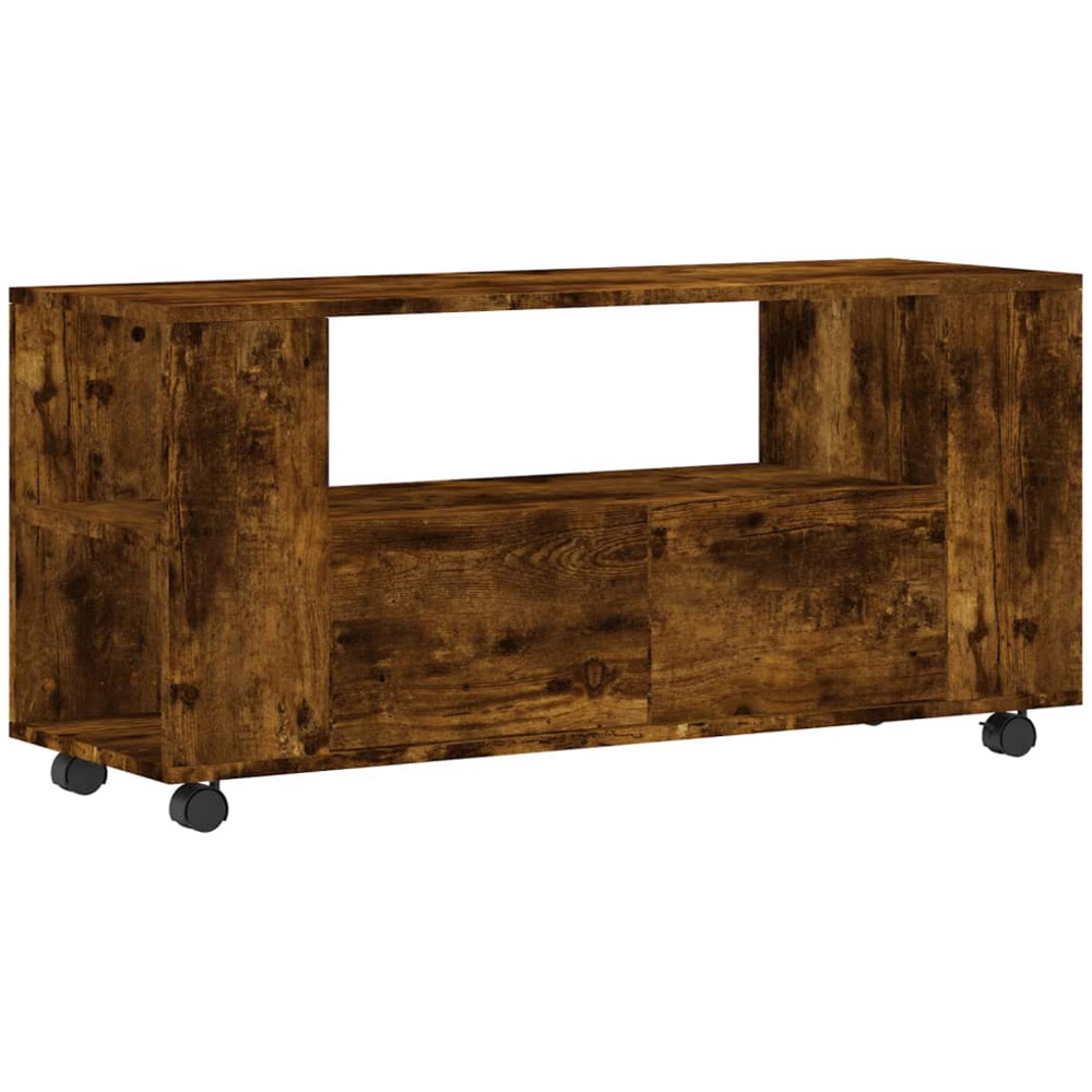 vidaXL 2 Drawer Single Open Shelf Smoked Oak TV Cabinet with Wheels Image 2
