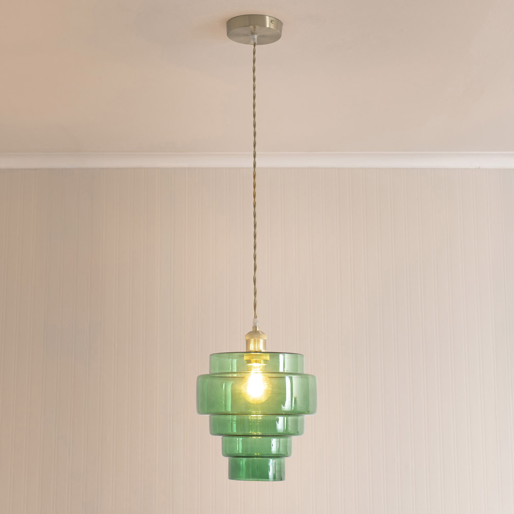 ValueLights Lane 5 Tier Green Glass Shade Brushed Chrome Single LED Ceiling Pendant Light Image 2