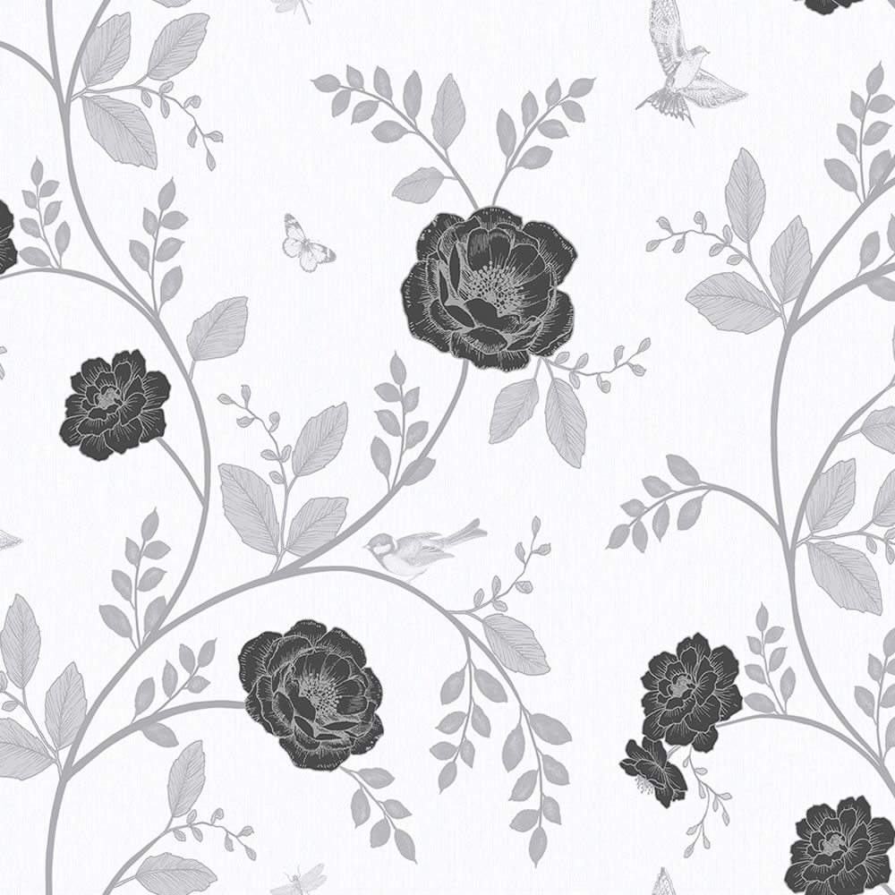 Wilko Rosanna Floral Black and White Wallpaper Wilko Rosanna Floral wallpaper in black and white is a beautiful, classically simple organic floral trail that adds bold, vibrant colour to any room.If you order more than one roll, we'll make sure all the batch codes are the same for you, so there's no need to worry about pattern mismatches.    Design Match: Offset Design Repeat: 64cm  Roll length: 10m  Roll width: 52cm  Coverage 5.2sqm Wilko Rosanna Floral Black and White Wallpaper