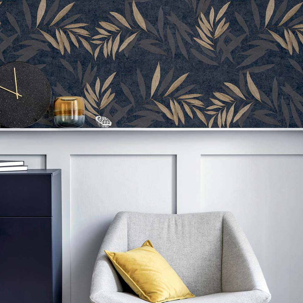 Arthouse Luxury Leaf Navy and Champagne Gold Wallpaper Image 4