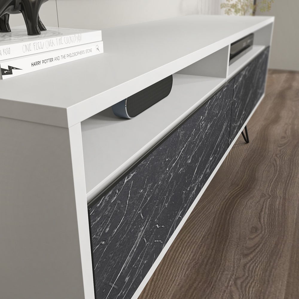Decorotika Flay 2 Door 2 Shelf Black Marble Effect and White TV Unit Image 5