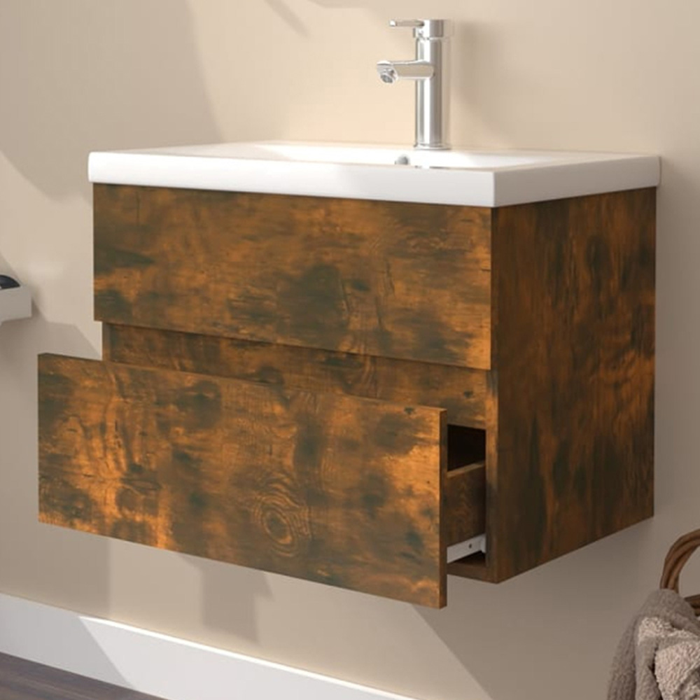 vidaXL 2 Drawer Smoked Oak and White Sink Cabinet with Basin Image 1