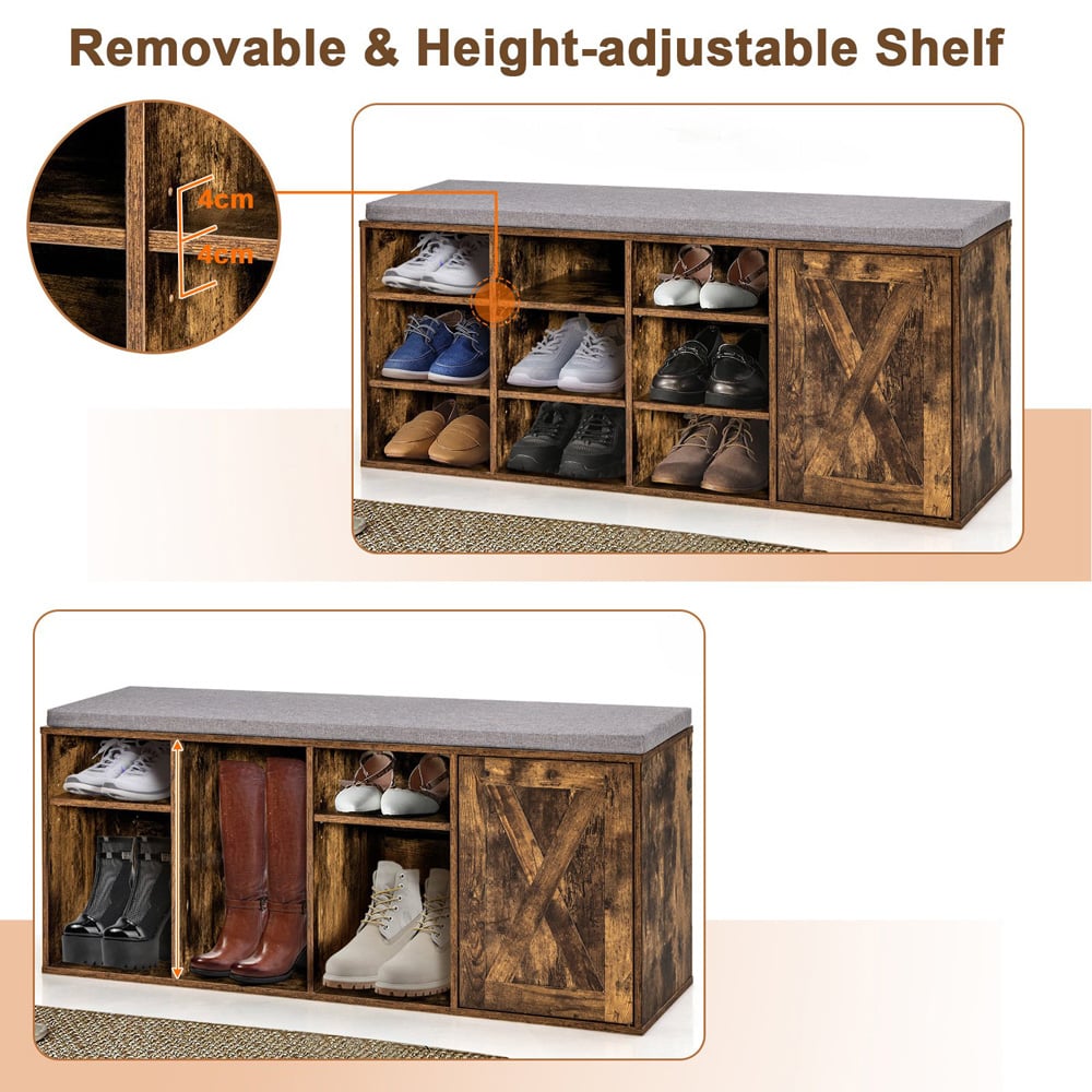 Costway 9 Cube Rustic Brown Shoe Storage Bench with Padded Cushion Image 8