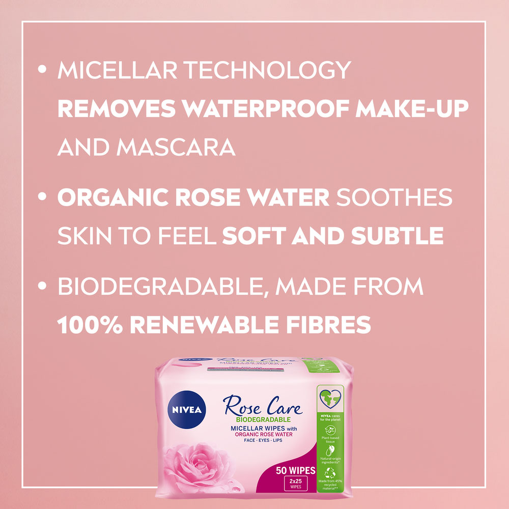 Nivea 3 in 1 Biodegradable Rose Care Wipes 50 Pack Image 2