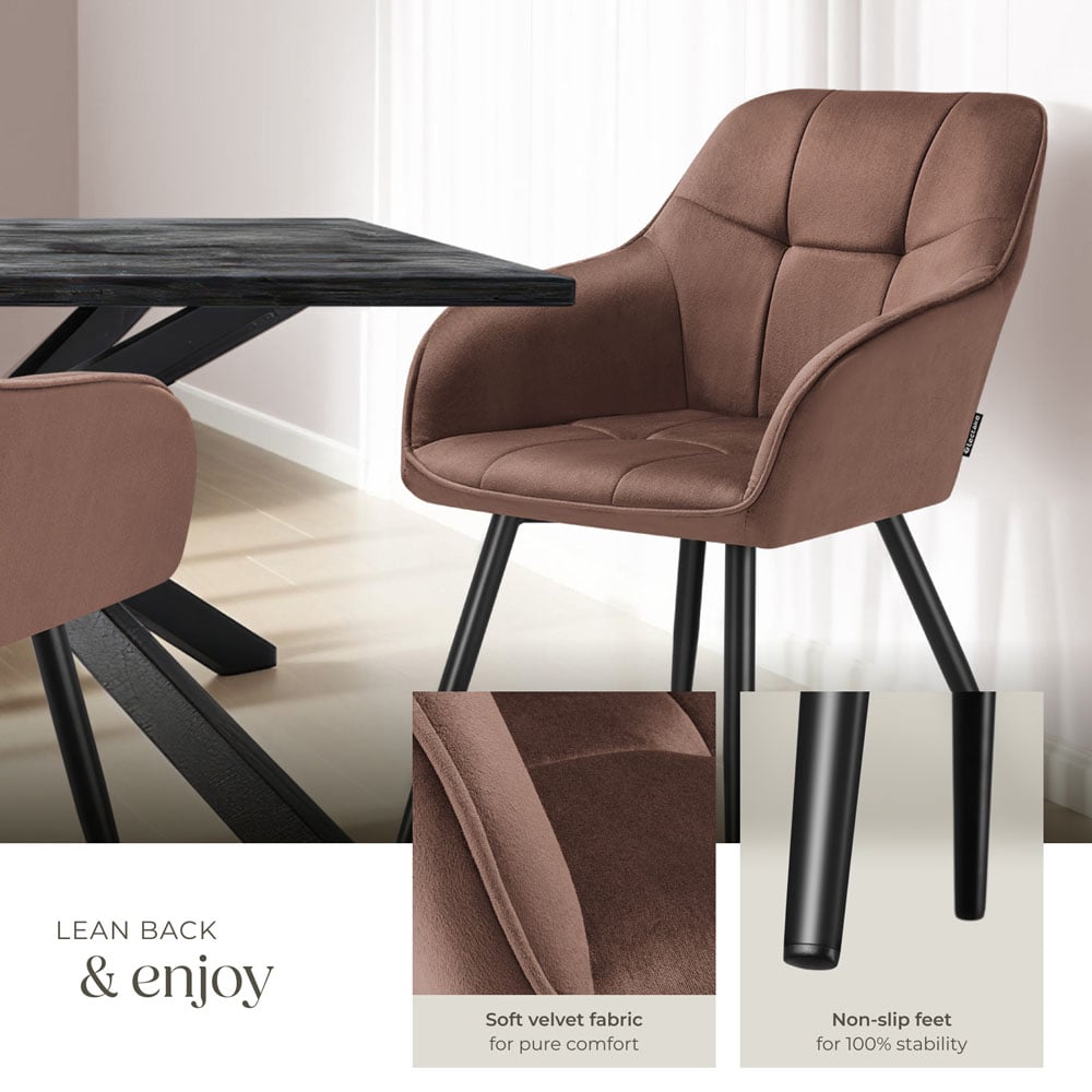tectake Marilyn Set of 2 Brown and Black Quilted Velvet Dining Chair with Armrest Image 4