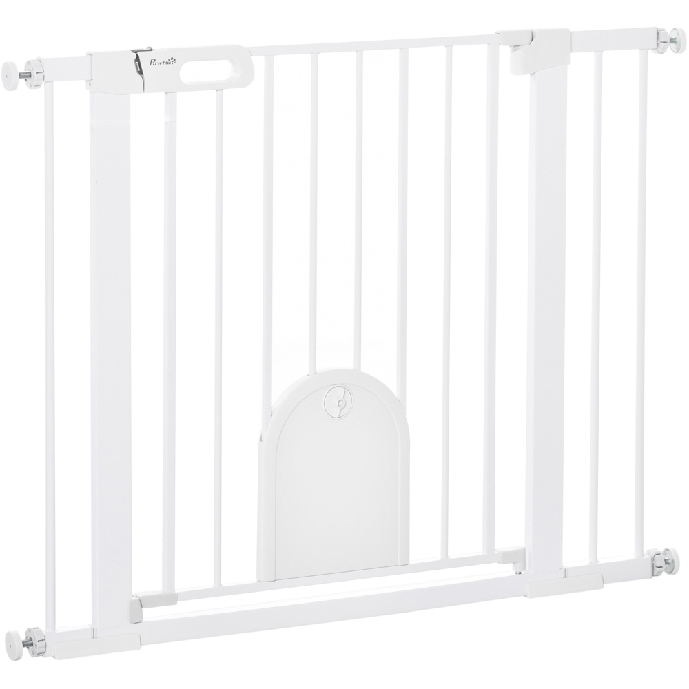 PawHut White 75-103cm Stair Pressure Fit Pet Safety Gate with Small Cat Flap Image 1