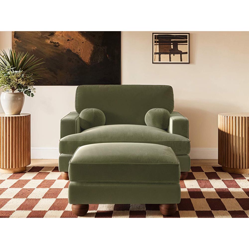 Solace+Co Addison Khaki Green Velvet Wooden Footstool Image 5