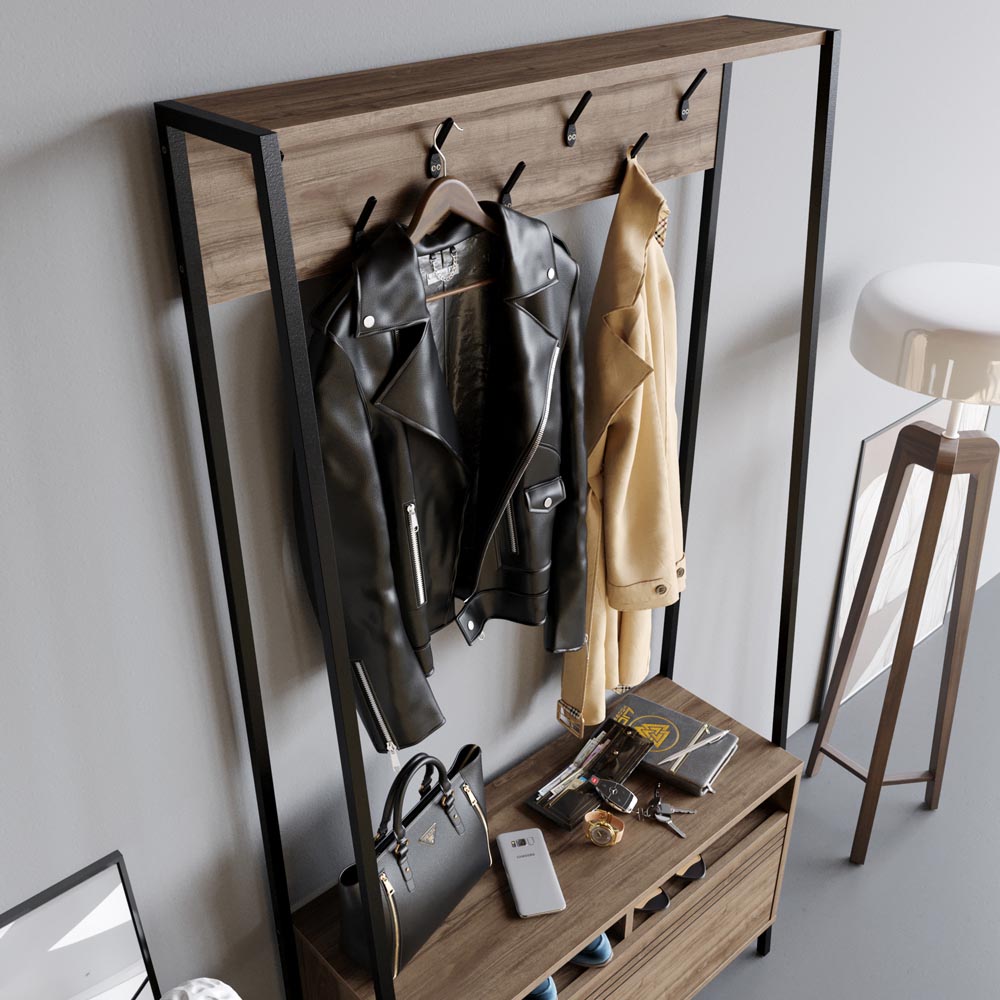 Decorotika Devin Single Door 2 Shelf Walnut and Black Coat and Shoe Rack Image 4