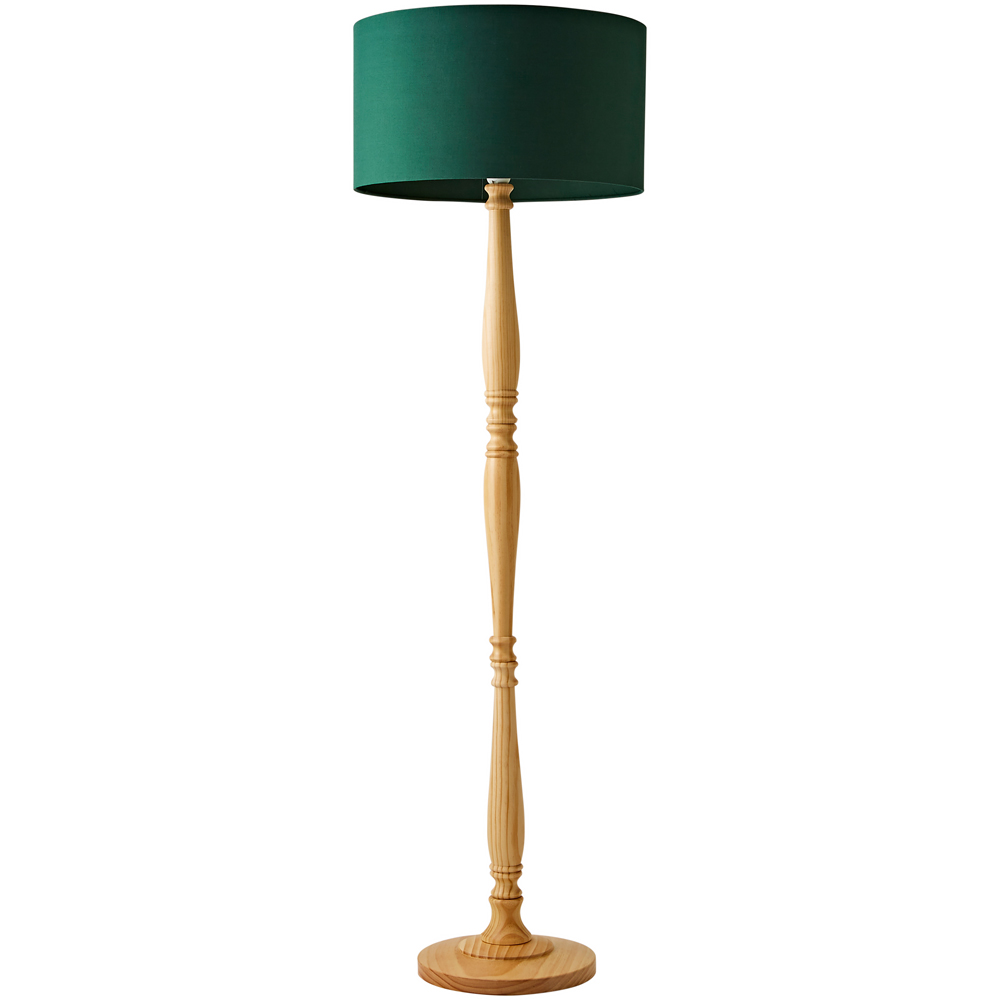 ValueLights Victoria Green Fabric Drum Shade Light Wood Traditional Stem LED Floor Lamp Image 1