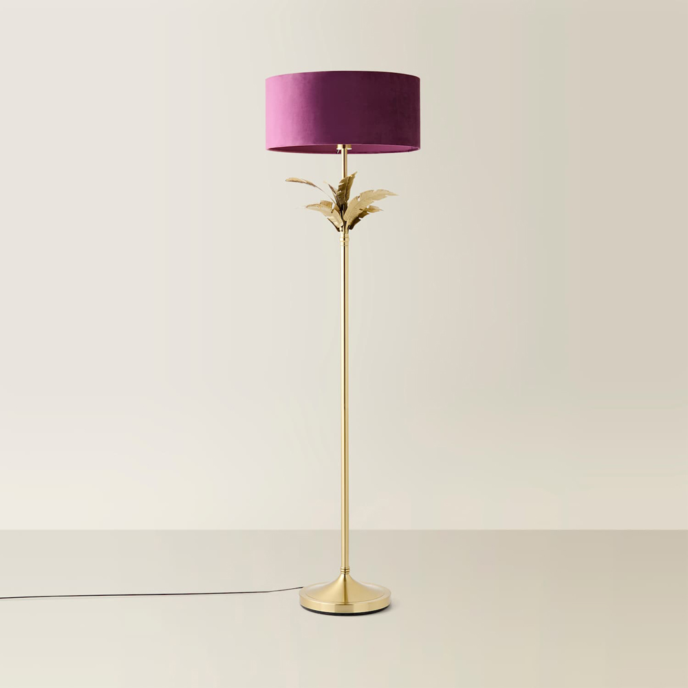 ValueLights Christina Plum Velvet Squat Shade Gold Leaves Floor Lamp with Bulb Image 3