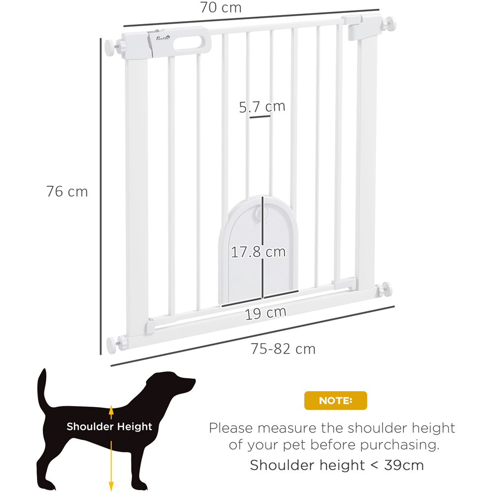 PawHut White 75-82cm Stair Pressure Fit Pet Safety Gate with Small Cat Flap Image 7