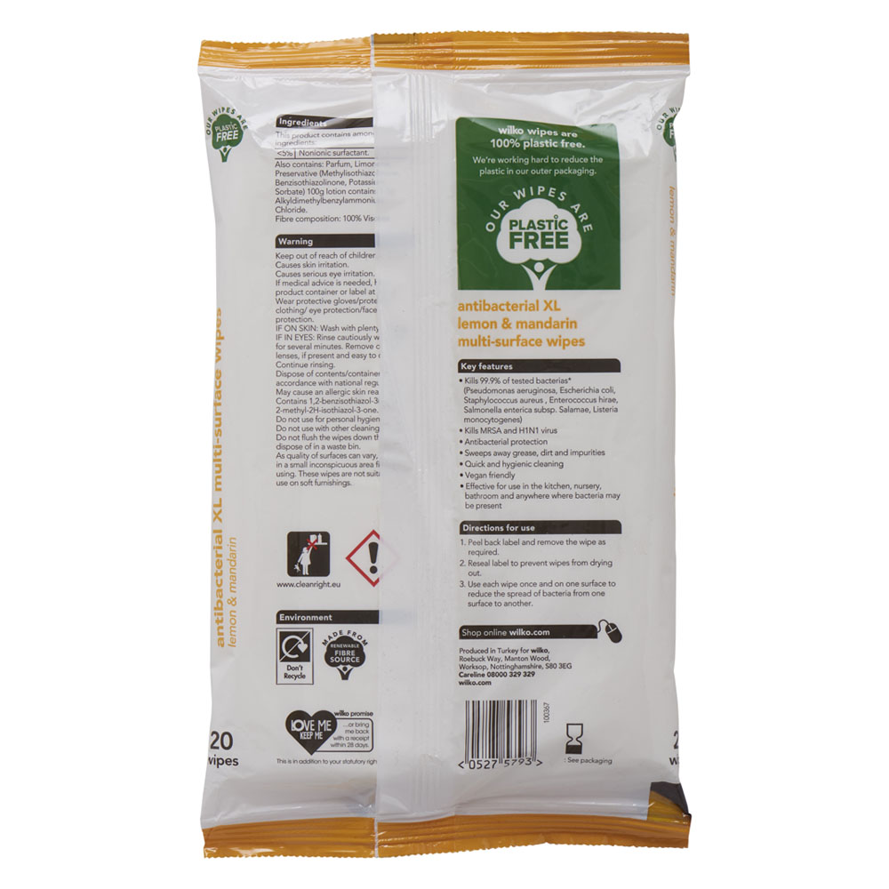 Wilko Lemon and Mandarin Antibacterial XL Multi-surface Wipes 20 Pack Image 2