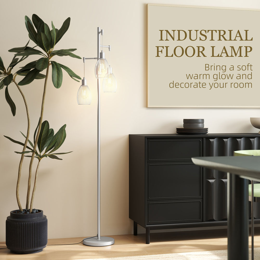 Portland Industrial Silver Tone 3 Light Dimmable Floor Lamp Image 5