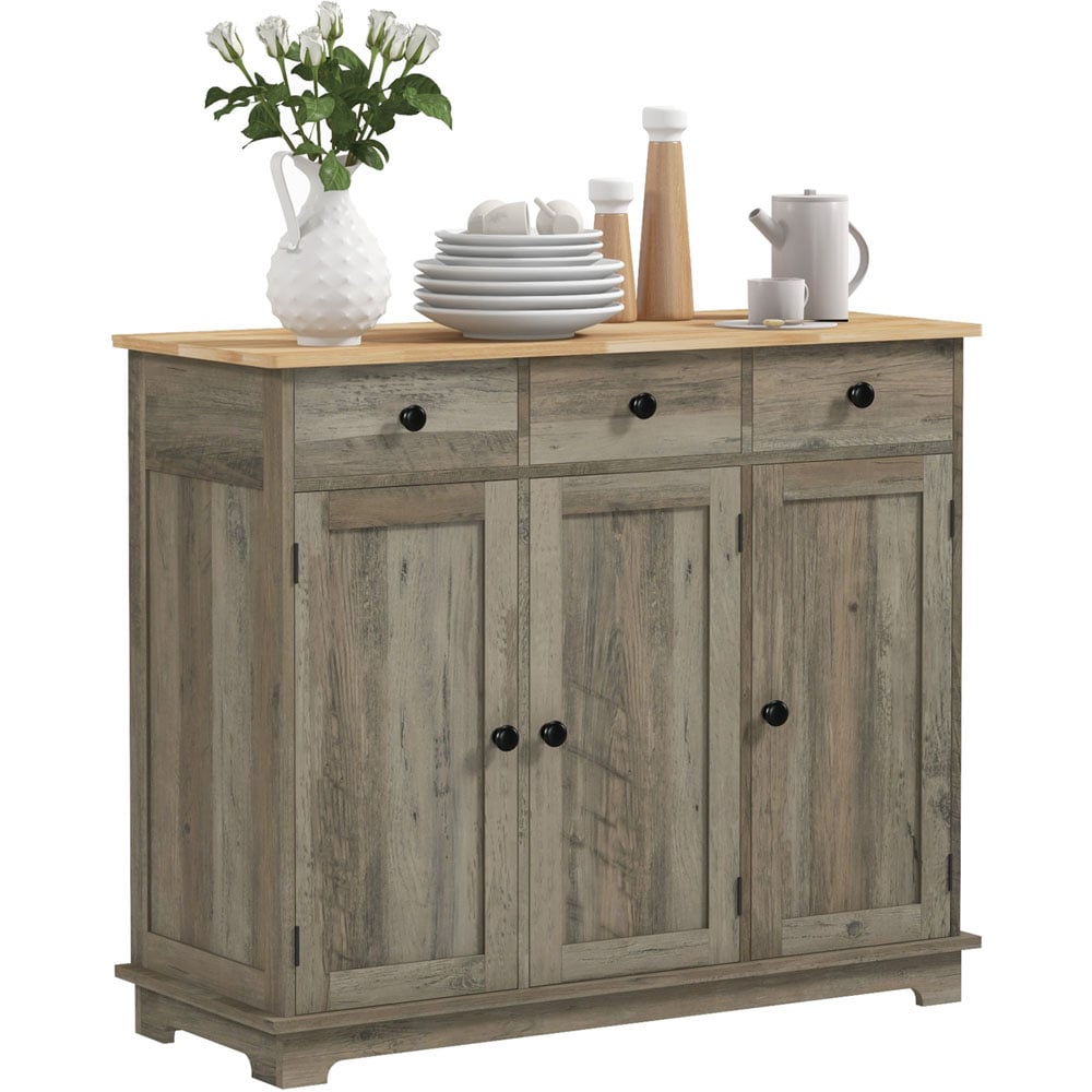 HOMCOM 3 Door 3 Drawer Grey Rubber Wooden Top Sideboard Image 2