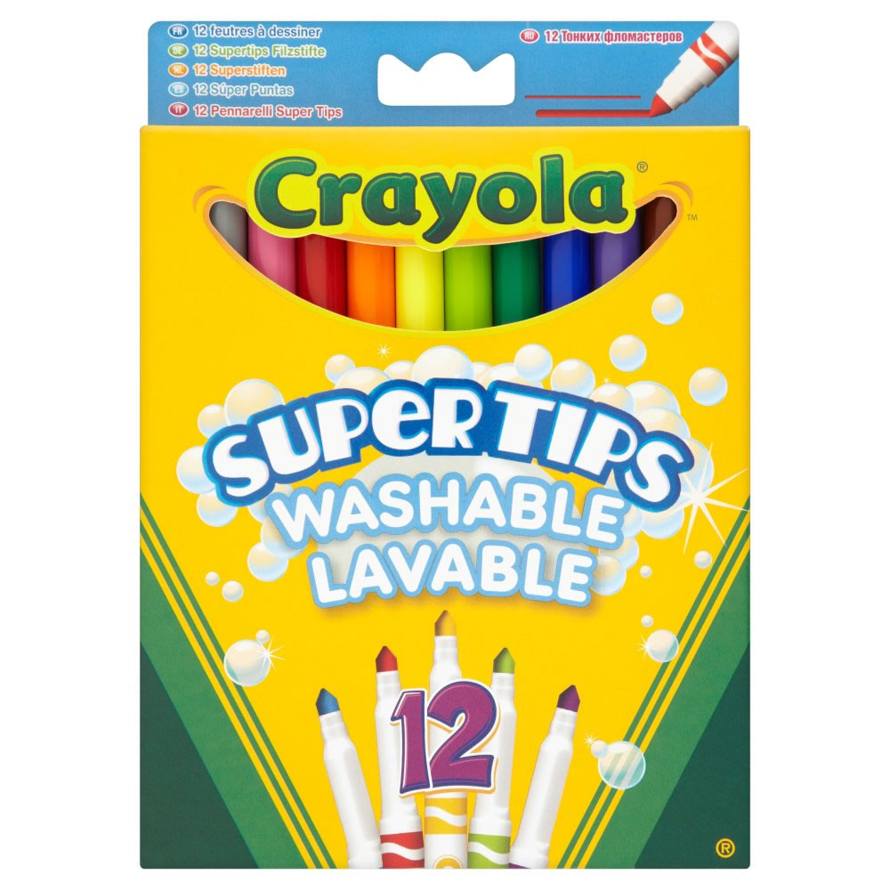 Crayola Supertips Superwashable Felt Tips 12 pack  - wilko Crayola Super Tips Washable Markers 12 Pack is perfect for drawing, writing and colouring. Ideal for use at school or at home, the washable markers are great for drawing thick or thin lines. With washability you can trust, the ink washes easily from skin and clothing. Warning: Not suitable for children under 36 months. Small parts. Crayola Supertips Superwashable Felt Tips 12 pack
