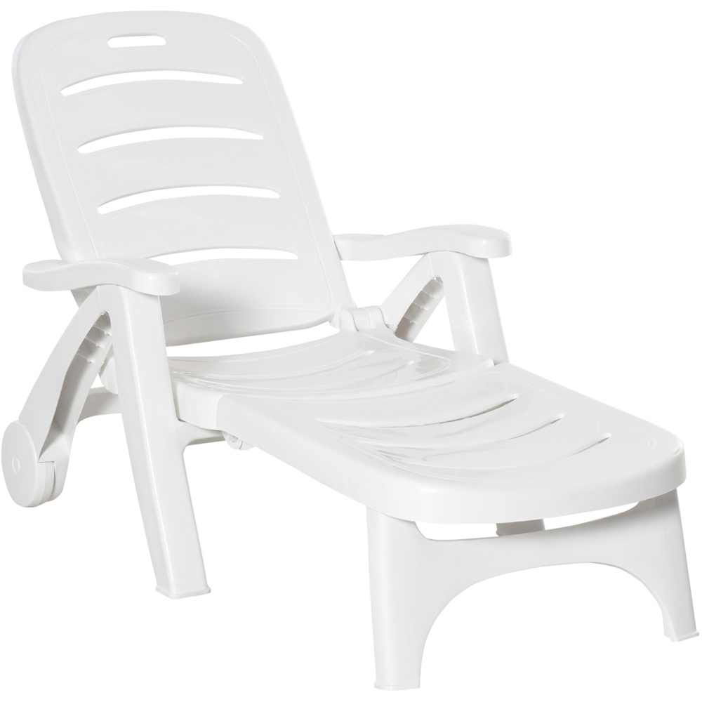 Outsunny White Plastic Folding Sun Lounger Chair on Wheels Image 2