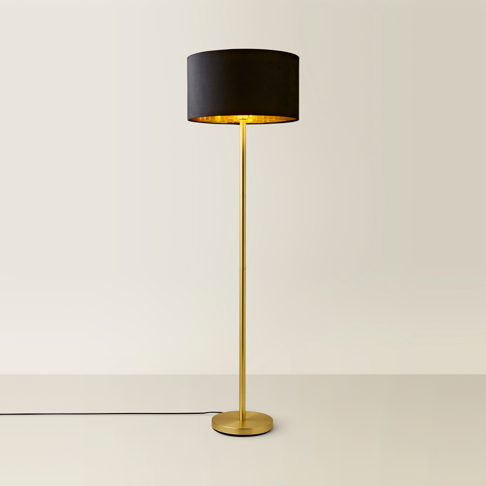 ValueLights Charlie Black Velvet and Metallic Shade Gold Floor Lamp and Bulb Image 5